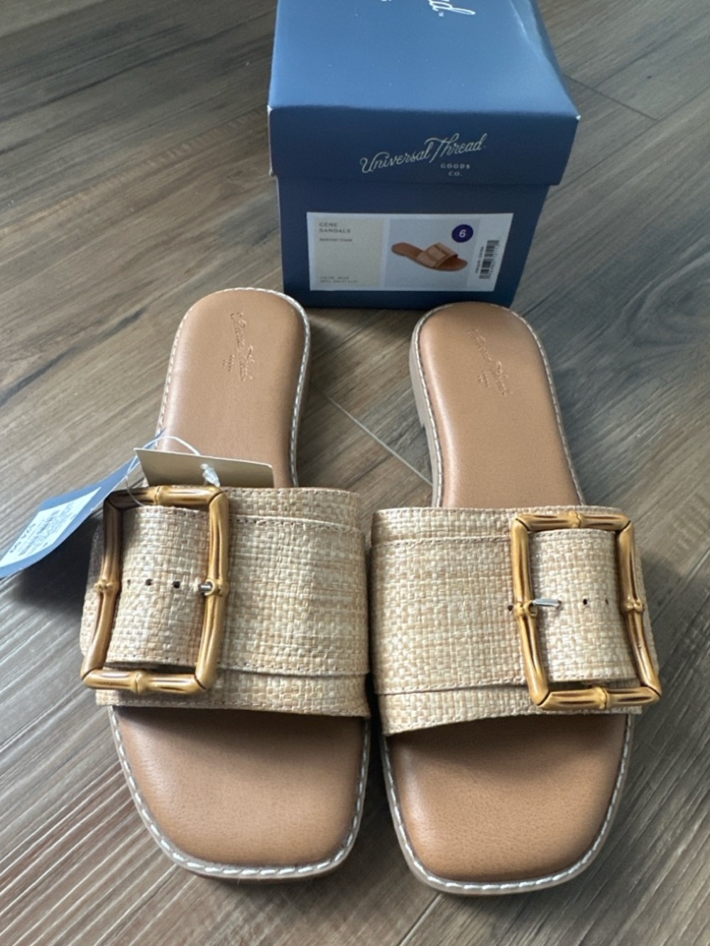 Universal Thread Raffia Slide Sandals Size 6 Beige Bamboo Buckle NWT